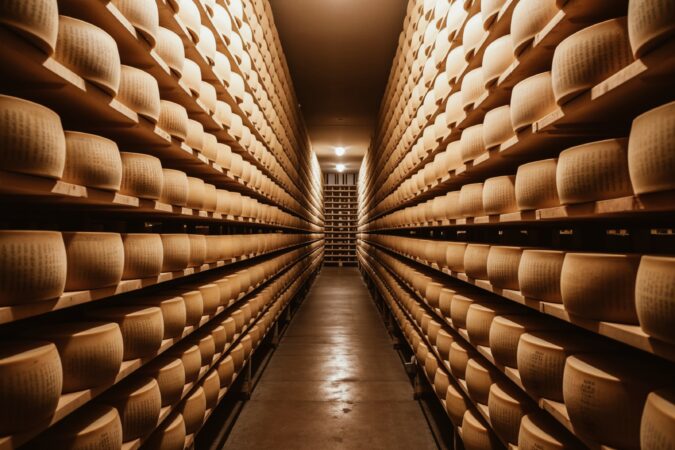Various parmigiano reggiano varieties in large cheese storage. Cheese factory in Switzerland. Generative AI